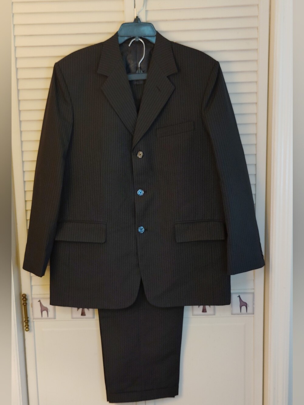 Men's Black Pinstripe Three-Button Suit Jacket and Matching Trousers